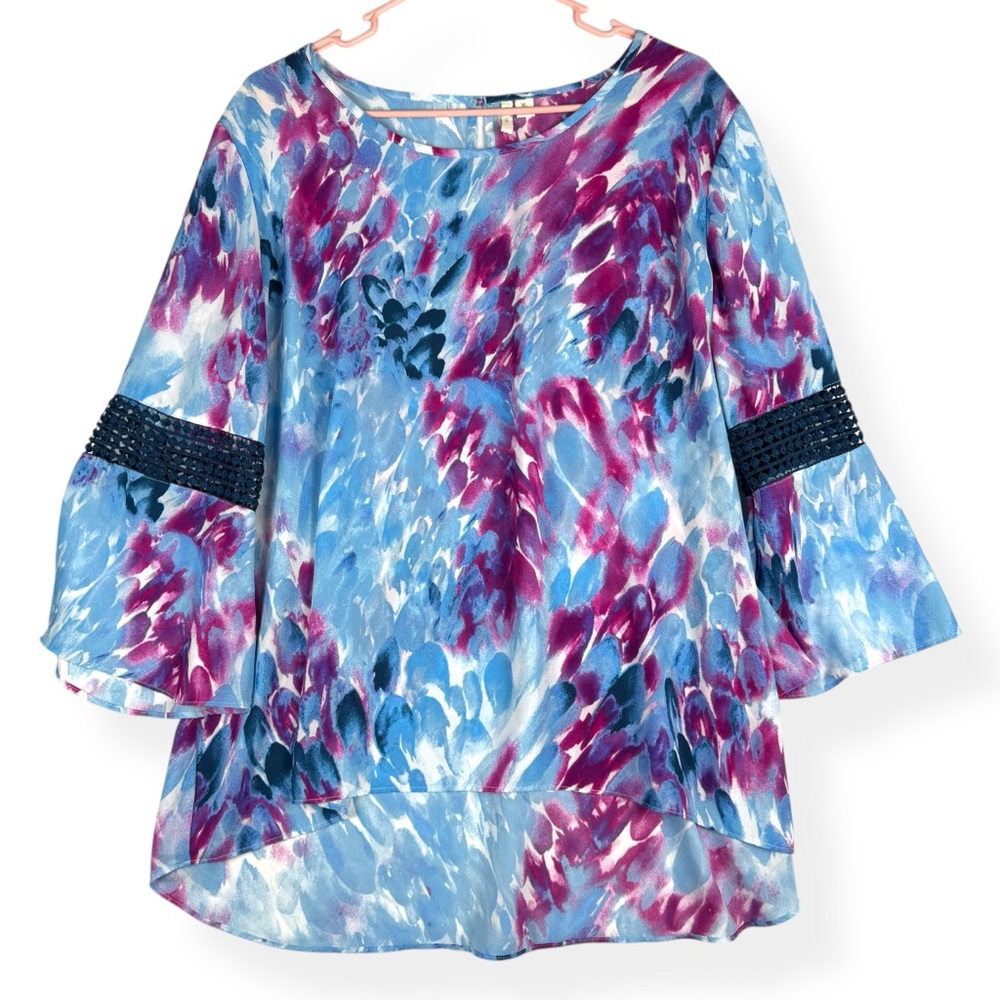 Cato Tunic Top Womens XL Blue Pink Purple Bell Sleeve Top Crochet Trim